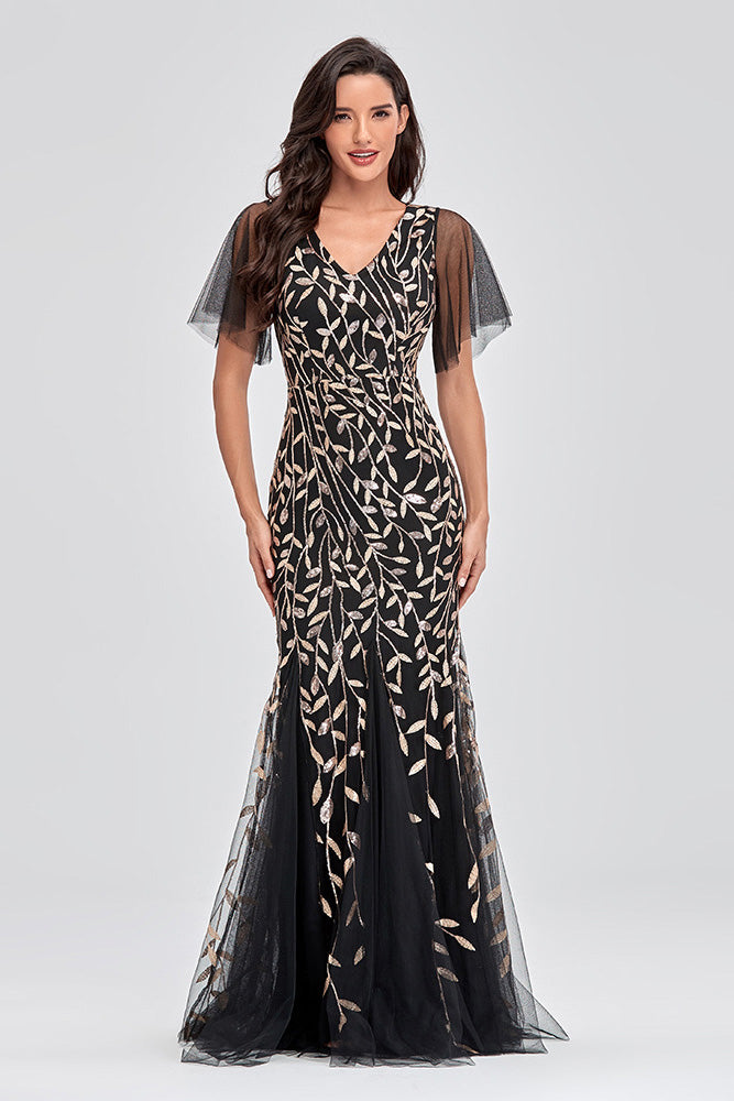 Elegant Black Embroidered Mermaid Tulle Evening Prom Dress