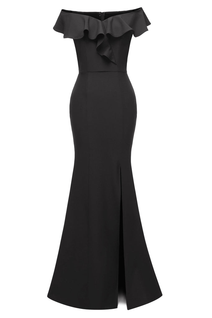 Elegant Off Shoulder Black Prom Evening Gown With Slit