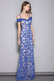 Elegant Off Shoulder Blue Lace Formal Evening Dress
