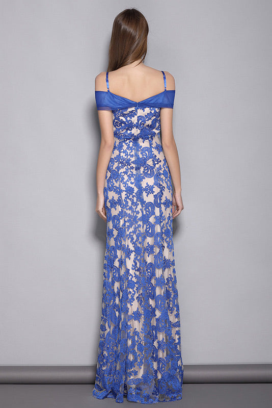 Elegant Off Shoulder Blue Lace Formal Evening Dress
