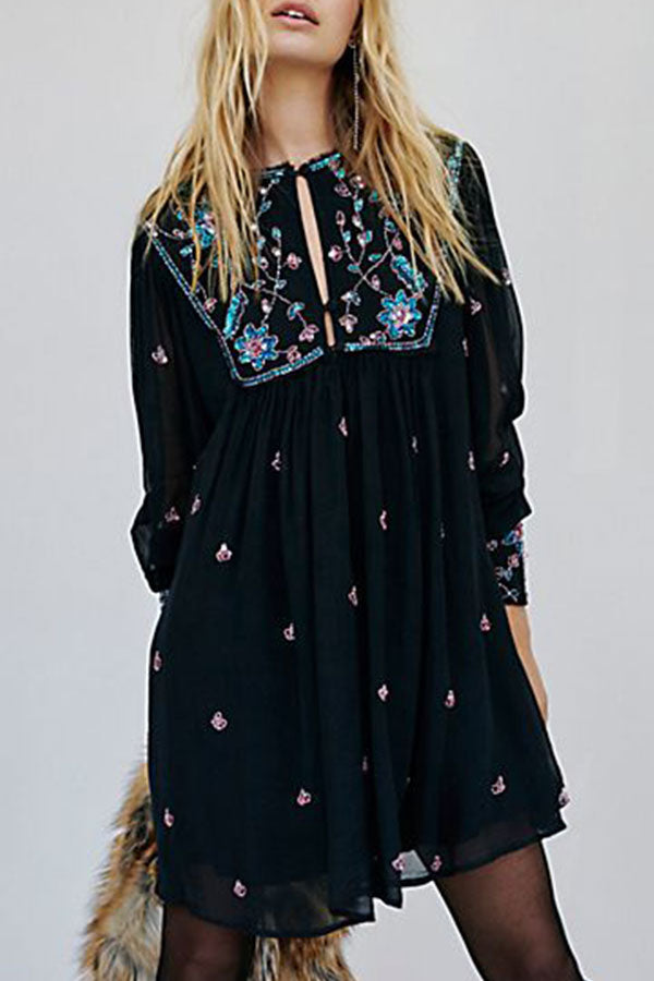 Black Embroidered Cutout Chiffon Mini Dress - Mislish