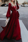 Fashion Red Long Sleeve V-Neck Dress