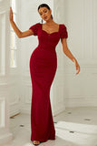 Floor Length Red Short Sleeve Prom Gown Evening Dress