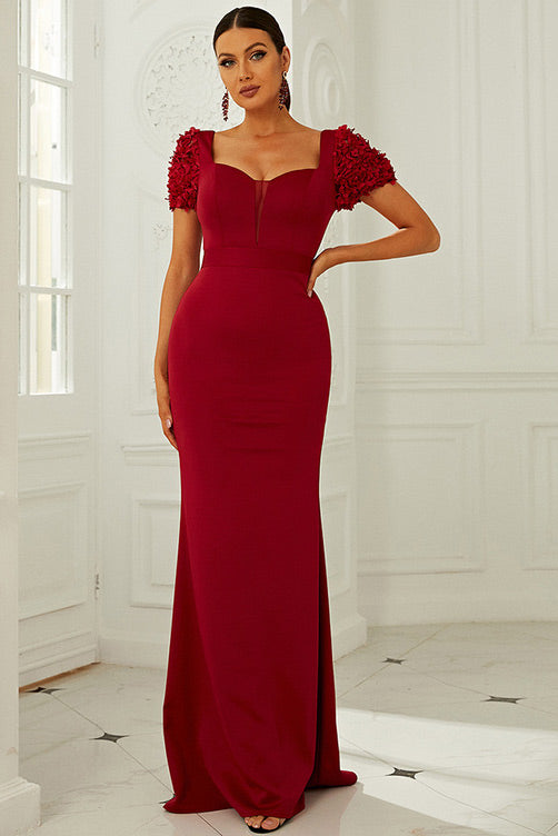 Floor Length Red Short Sleeve Prom Gown Evening Dress