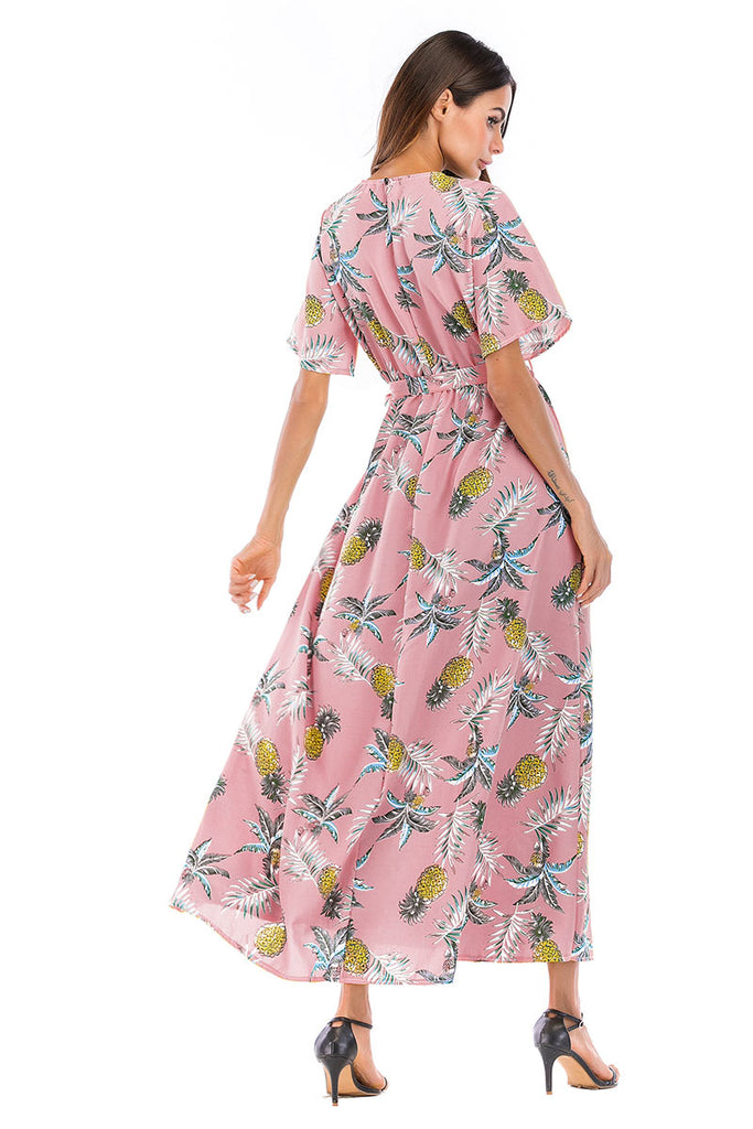 Floral Print V-neck Tie Front Slit Maxi Dress - Mislish