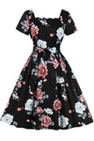 Floral Square Neck Belt Vintage Dress - Mislish