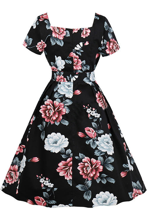 Floral Square Neck Belt Vintage Dress - Mislish