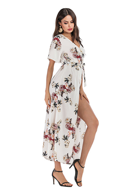 Floral V Neck Thigh-high Slit Lace-up Dress - Mislish