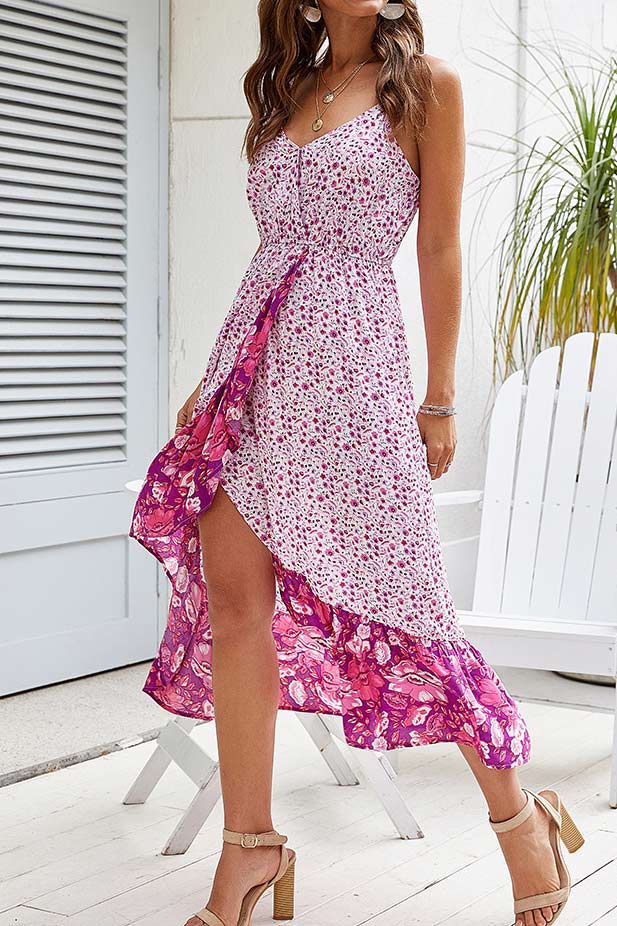 Floral Asymmetric Ruffled Vacation Cami Dress - Mislish