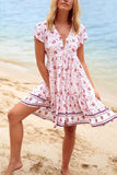 Floral Print V-neck Ruffles Beach Dress - Mislish