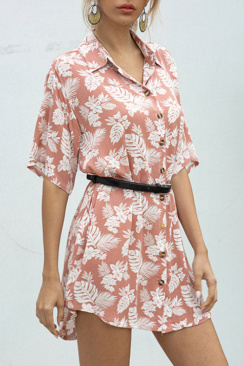 Loose Floral Print Lapel Shirt Dress - Mislish