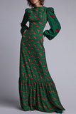 Floral Ruffle Lantern Sleeve Long Dress - Mislish