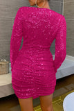 Fuchsia Long Sleeve Sequins Bodycon Party Dress