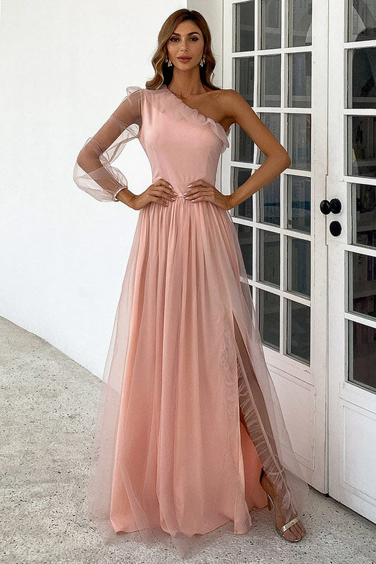 Full-Length Pink One Sleeve Prom Dress Evening Gown
