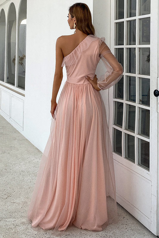 Full-Length Pink One Sleeve Prom Dress Evening Gown