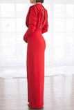 Full Length Red Long Sleeve High Split Evening Gown