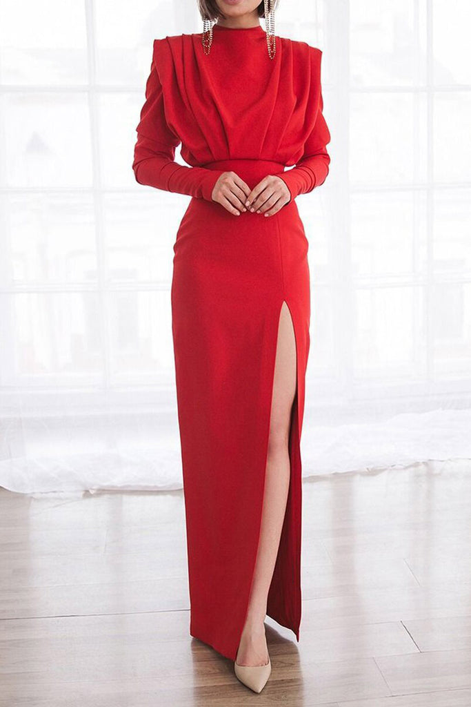 Full Length Red Long Sleeve High Split Evening Gown