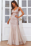 Full Length Sequins V-Neck Evening Prom Dresses