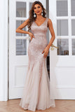 Full Length Sequins V-Neck Evening Prom Dresses