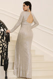 Full Length Silver Sequins Long Sleeve Evening Dress