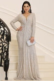 Full Length Silver Sequins Long Sleeve Evening Dress