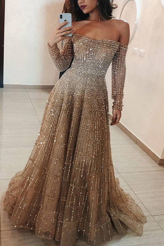 Sparkly Off Shoulder A-Line Prom Gown Evening Dress
