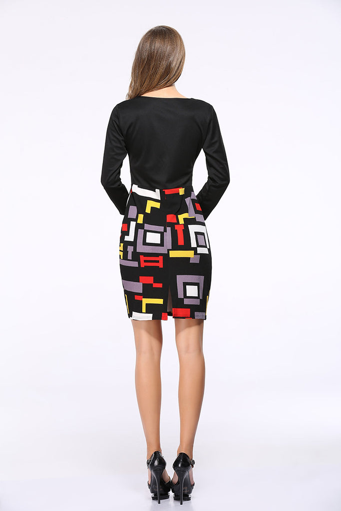 Geometric Print Zipper Front Color-block Dress - Mislish