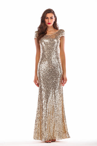 Gold Sequin Mermaid Cap Sleeves Backless Sparkly Prom Dress - Mislish