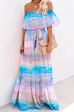 Gorgeous Blue Off-the-Shoulder Print Maxi Dresses 