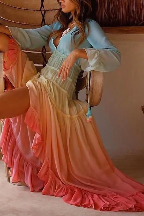 Gradient Color Ruffled High Low Maxi Dress - Mislish