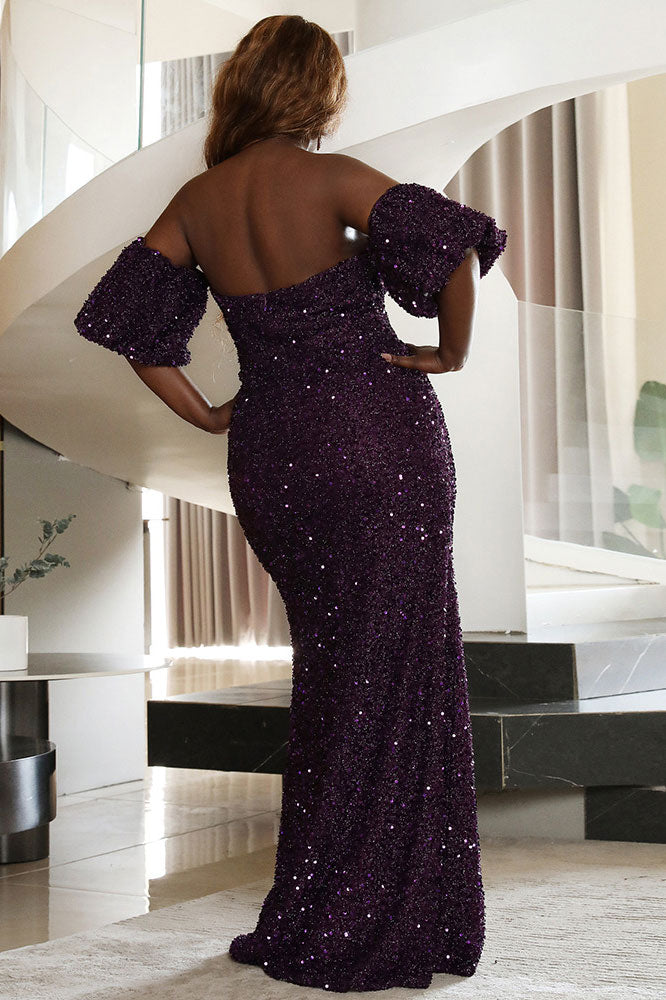 Grape Sequins Off Shoulder Formal Gown Evening Dress