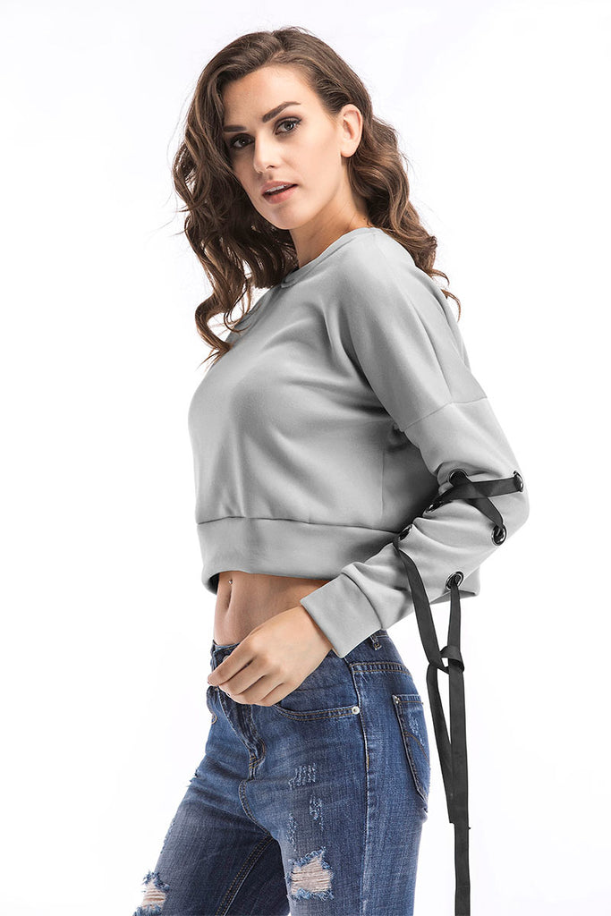 Gray Lace-up Long Sleeve Crop Sweatshirt - Mislish