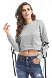 Gray Lace-up Long Sleeve Crop Sweatshirt - Mislish