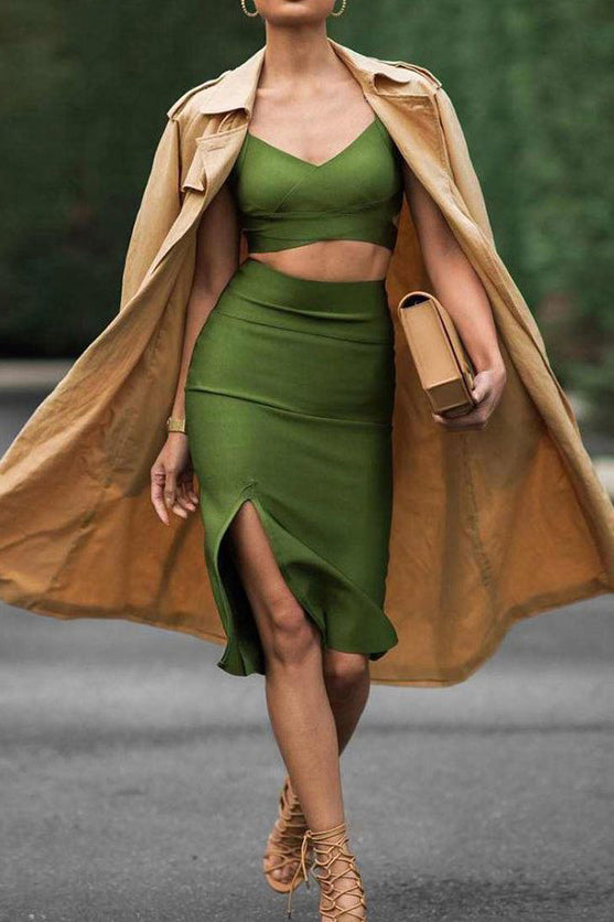 Green Sexy Slit Knee Length Bandage Skirt - Mislish