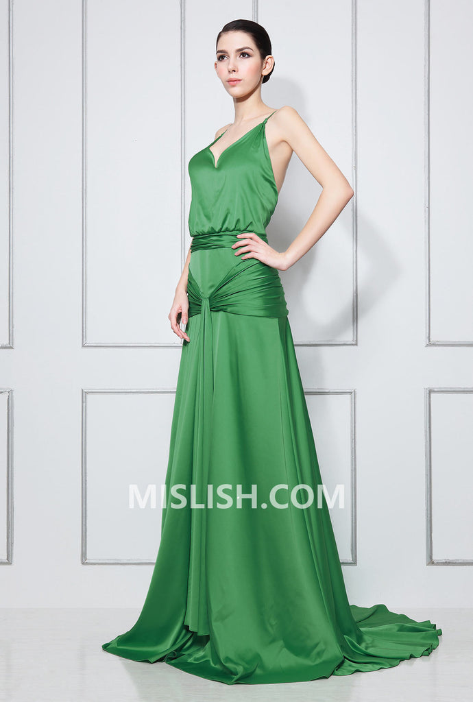 Green V-neck Shirred Backless Prom Dress Inspired Celebrity - Mislish