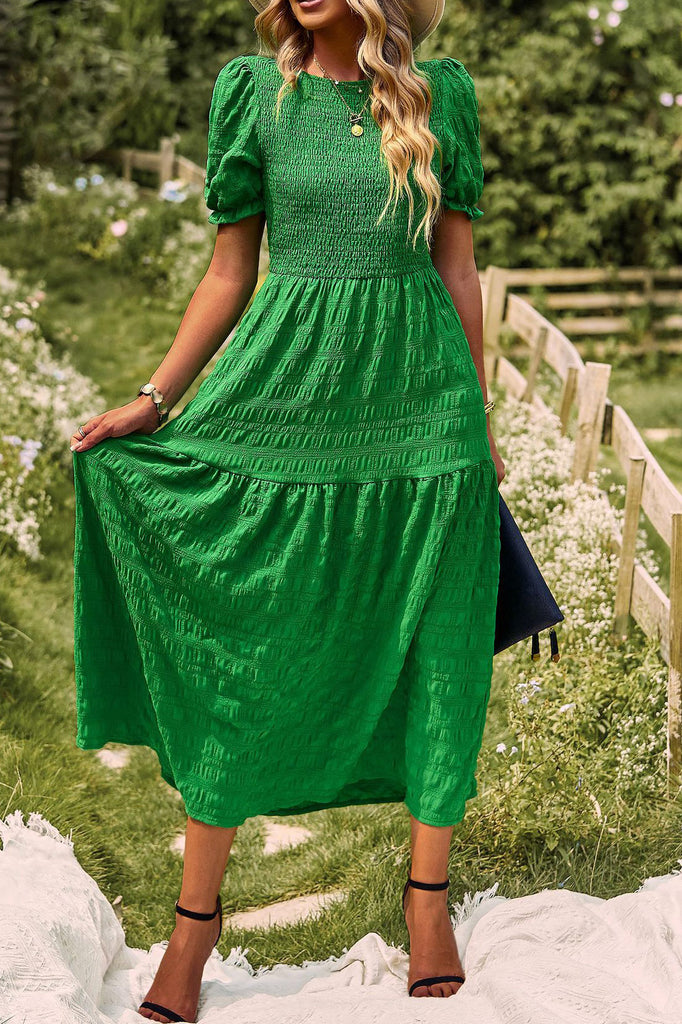 Midi Green A-Line Short Sleeves Dress