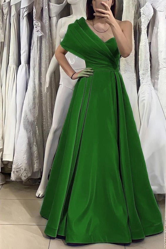 Green One Shoulder A-Line Prom Gown Evening Dress