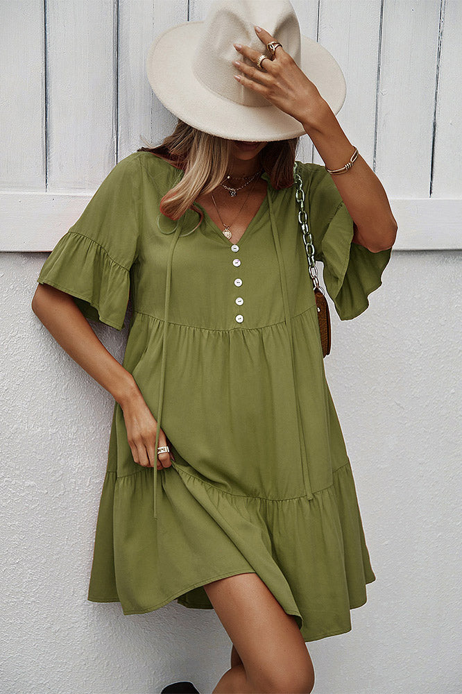 Green Short Sleeves A-Line Casual Dresses