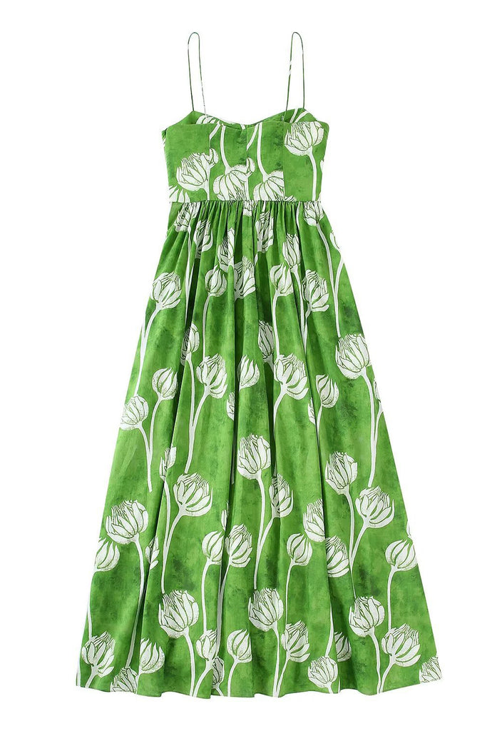 Green Spaghetti Straps Print Maxi Dresses