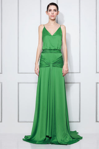 Green V-neck Shirred Backless Prom Dress