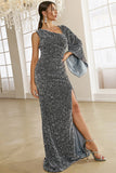 Grey One Sleeve Sparkly Formal Gown Evening Prom Dress
