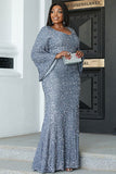 Grey Sequin Long Sleeve Formal Gown Prom Dress