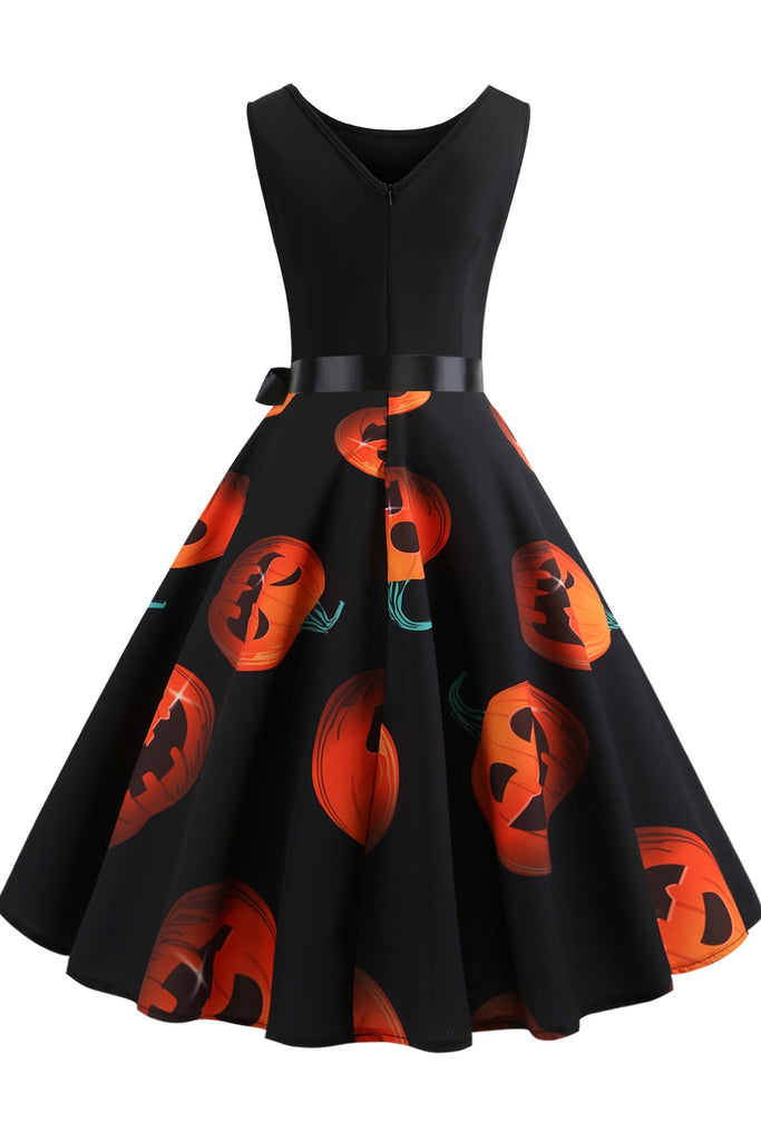 Halloween Sleeveless Pumpkin Print Panel Dress - Mislish