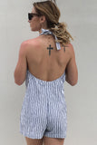 Halter Striped V-neck Backless Single Breasted Romper - Mislish