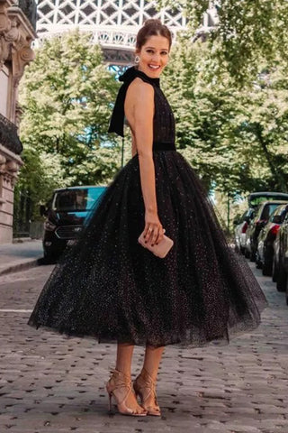 Black Halter Backless Lace-up A-line Dress - Mislish