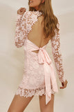 Pink V-neck Lace Backless Mini Dress - Mislish