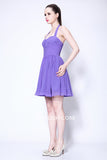Purple Halter Shirred Backless Short Dress
