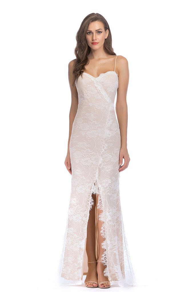 Ivory Lace Spaghetti Straps Backless Slit Bodycon Prom Dress - Mislish