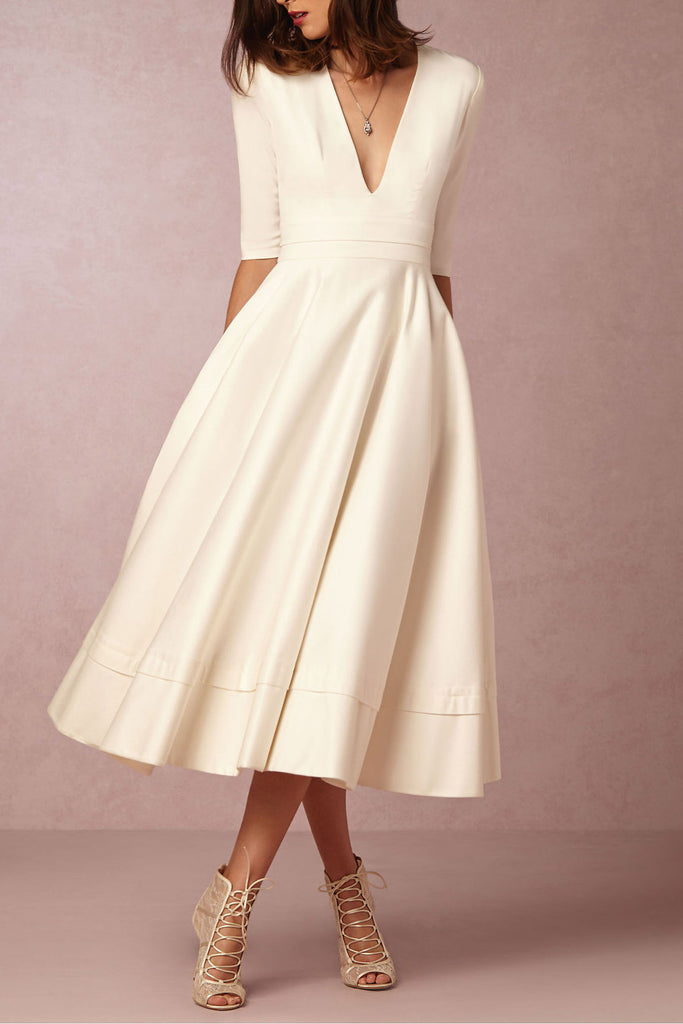 Ivory Plunging A-Line Cocktail Party Dress