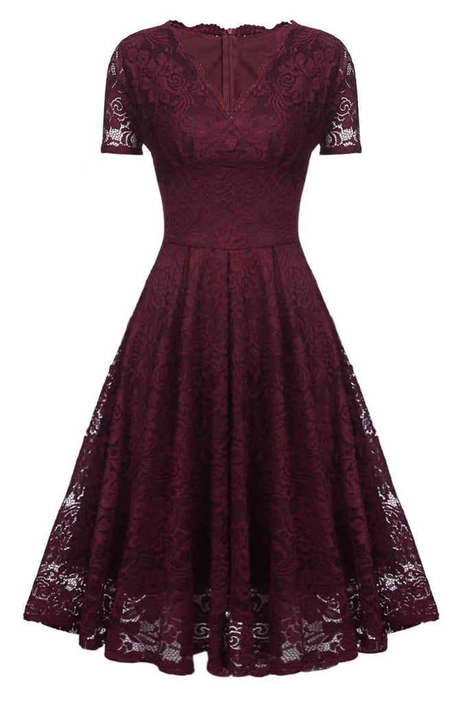 Knee-Length Burgundy Lace Cocktail Party Dresses 